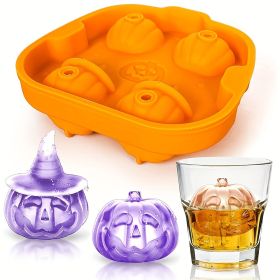 1pc Halloween Spoof Pumpkin Ice Tray 4 Grids Silicone Ice Tray Easy Release Mold Smile Face Wizard Hat Pumpkin Ice Mold