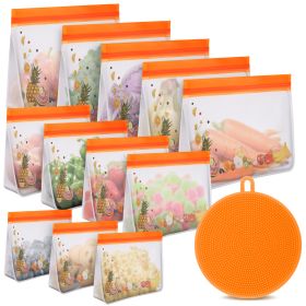 Orange 12 Pack Reusable Food Storage Bags Stand Up - Leakproof Reusable Freezer Bags; 5 Reusable Gallon Bags + 4 Reusable Sandwich Bags + 3 Reusable S