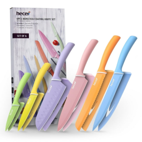 Hecef 6 Piece Kitchen Knife Set, Colorful Coated Stainless Steel Knives with Blade Guards